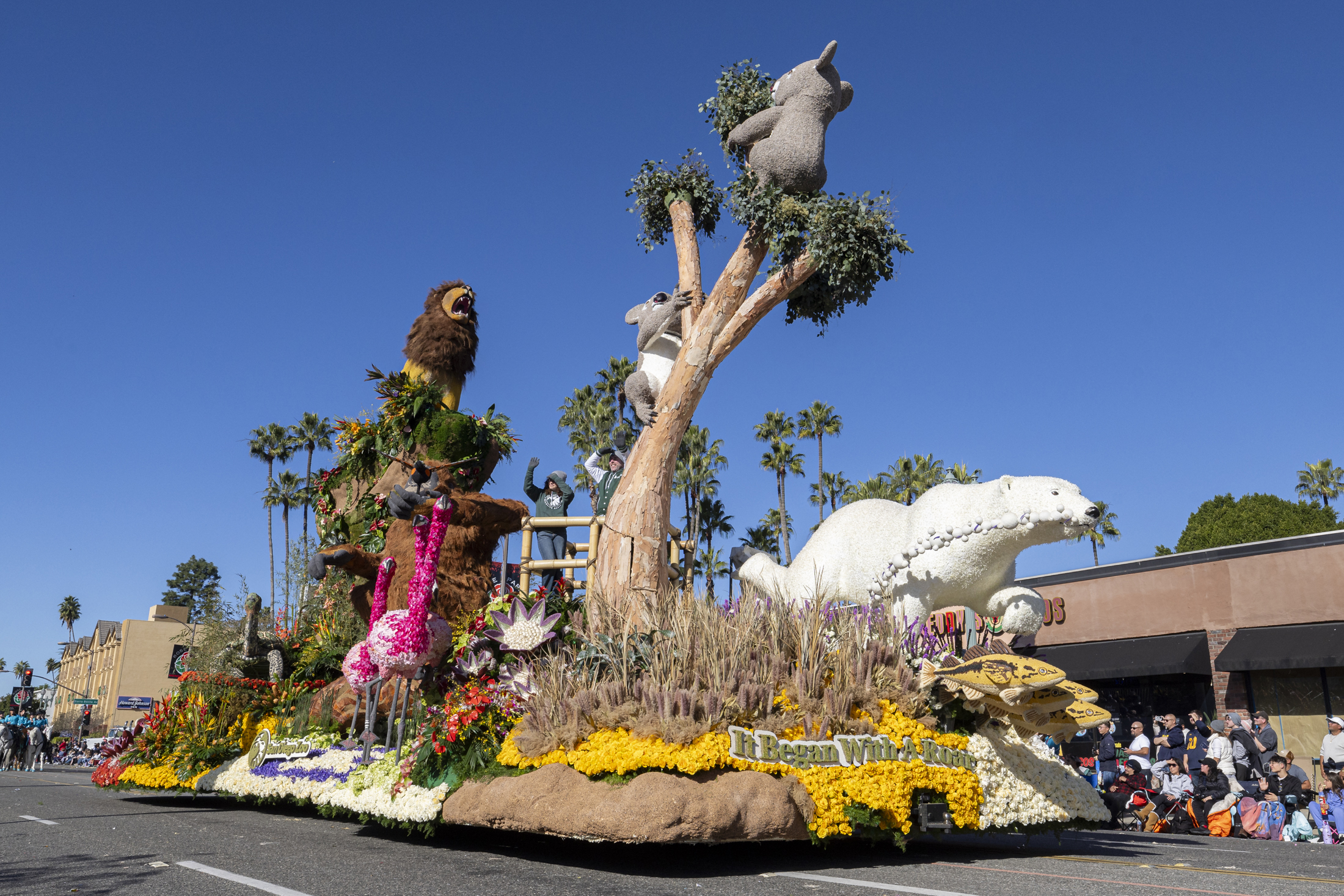 Completed parade float going down the parade route